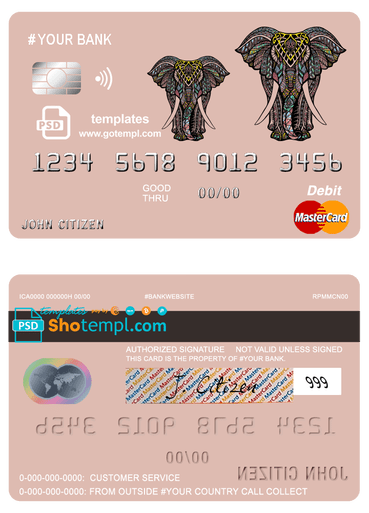 colored elephant multipurpose bank mastercard debit credit card template in PSD format, fully editable