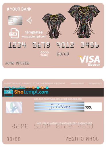 colored elephant universal multipurpose bank visa electron credit card template in PSD format, fully editable