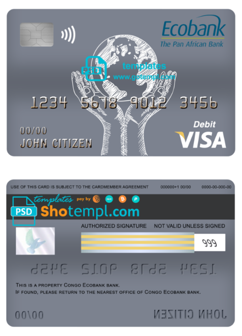 Congo Ecobank bank visa card debit card template in PSD format, fully editable