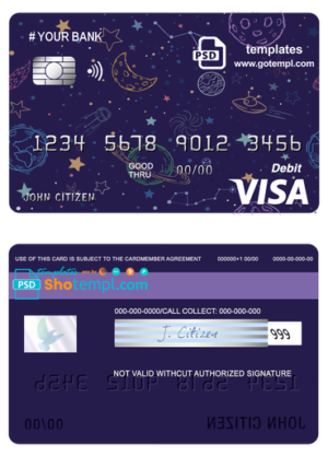 creative space universal multipurpose bank visa credit card template in PSD format, fully editable