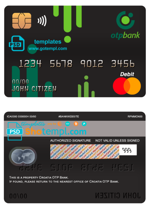 Croatia OTP bank mastercard debit card template in PSD format,