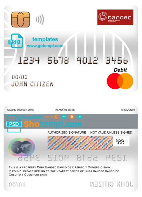 Cuba Bandec Banco de Credito y Comercio bank mastercard debit card template in PSD format, fully editable