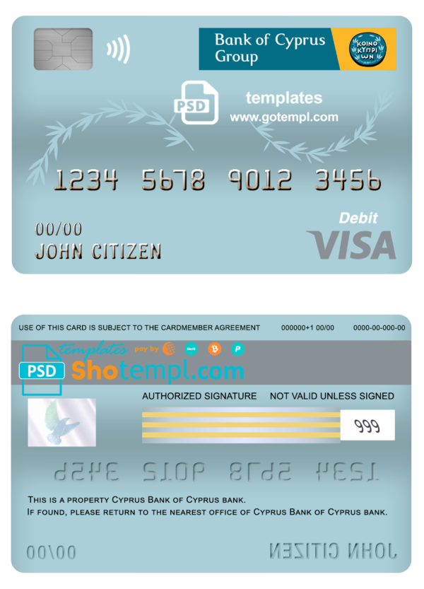 Cyprus Bank of Cyprus bank visa card debit card template in PSD format, fully editable