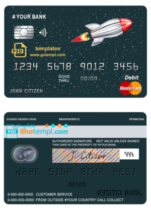 direct rocket universal multipurpose bank mastercard debit credit card template in PSD format, fully editable