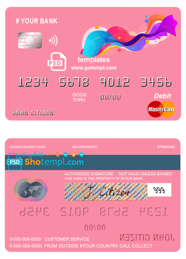 draw colorful universal multipurpose bank mastercard debit credit card template in PSD format, fully editable