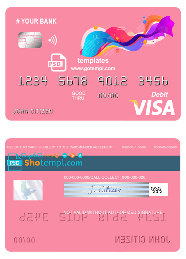 draw colorful universal multipurpose bank visa credit card template in PSD format, fully editable