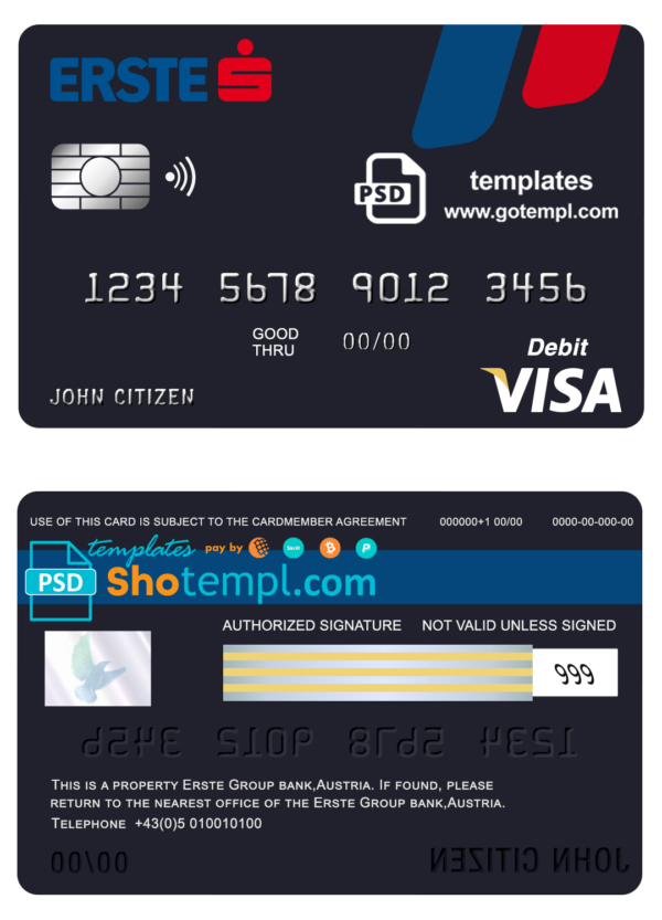 Austria Erste Group bank visa card debit card template in PSD format, fully editable