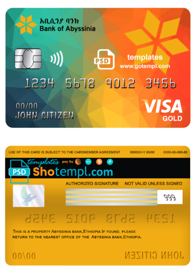 Ethiopia Bank of Abyssinia bank visa gold card template in PSD format, fully editable