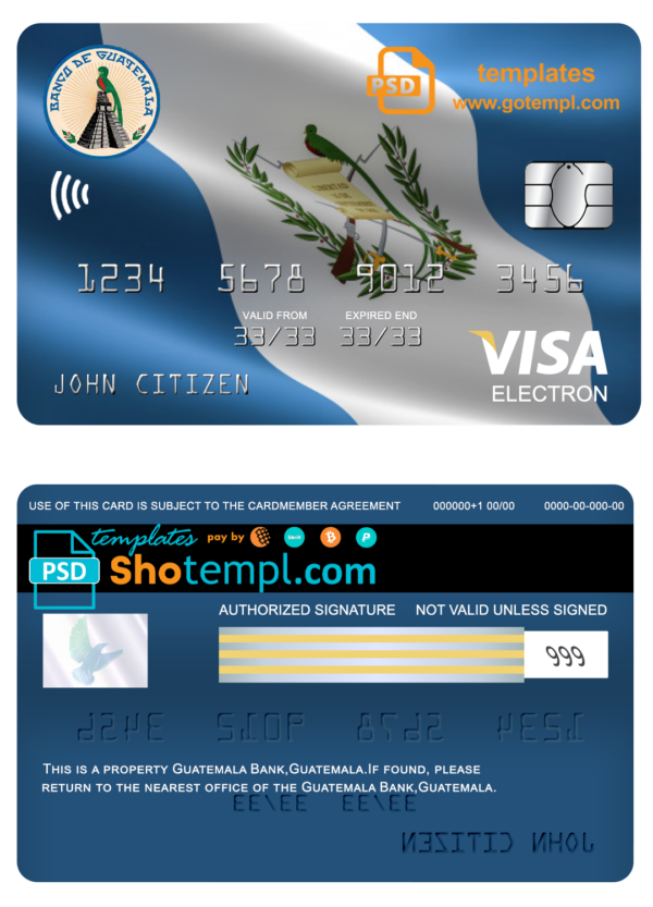 Guatemala Banco de Guatemala bank visa electron card template in PSD format, fully editable