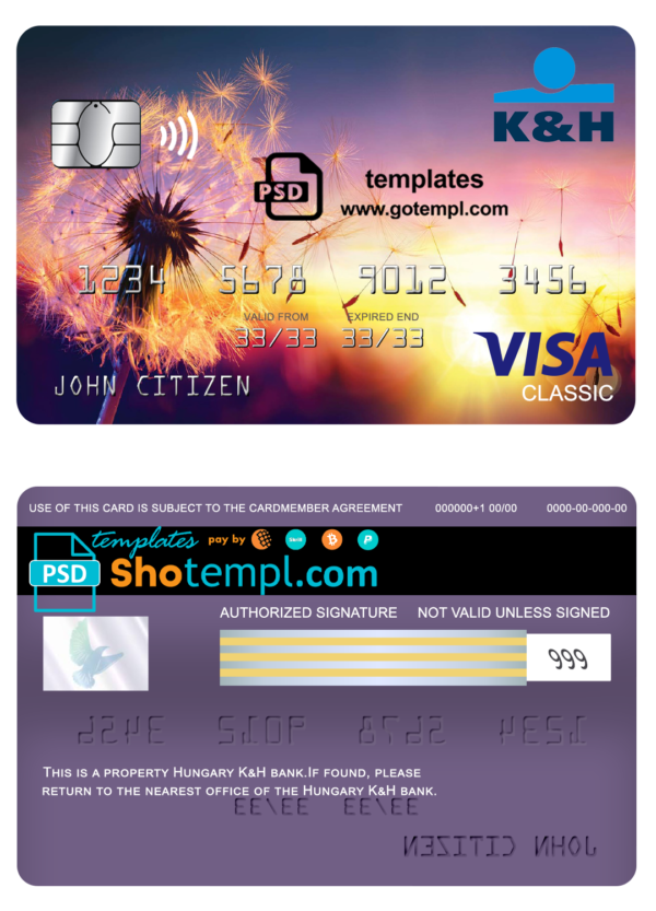 Hungary K&H bank visa classic card, fully editable template in PSD format