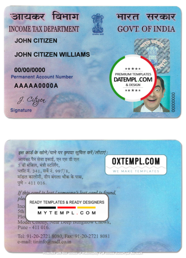 India e-PAN card template in PSD format (Income Tax Department), fully editable, with all fonts