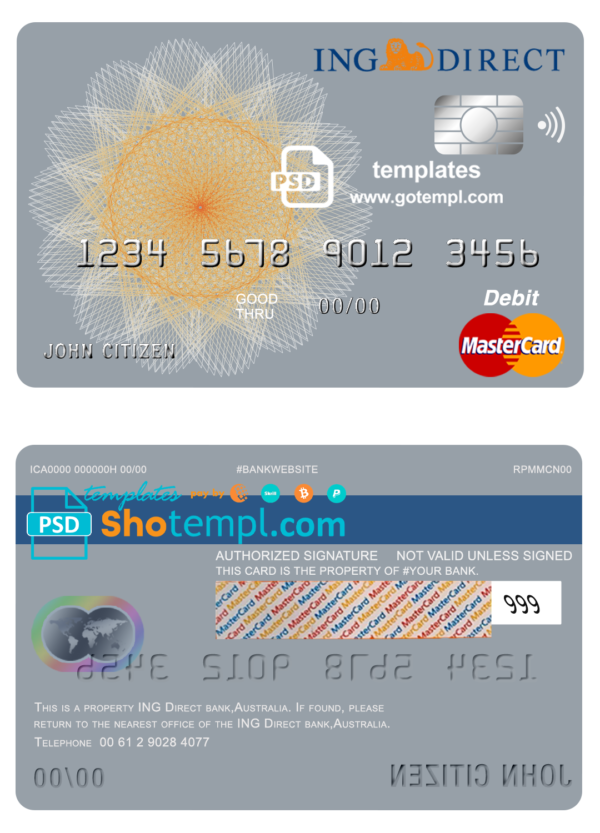 Australia ING Direct bank mastercard debit card template in PSD format, fully editable