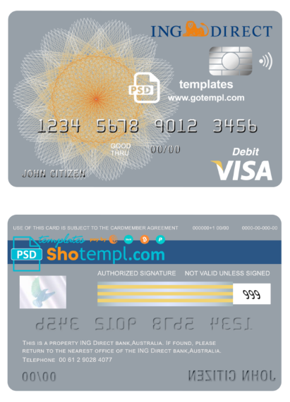 Australia ING Direct bank visa card debit card template in PSD format, fully editable