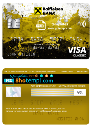 Romania Raiffeisen bank visa classic card, fully editable template in PSD format