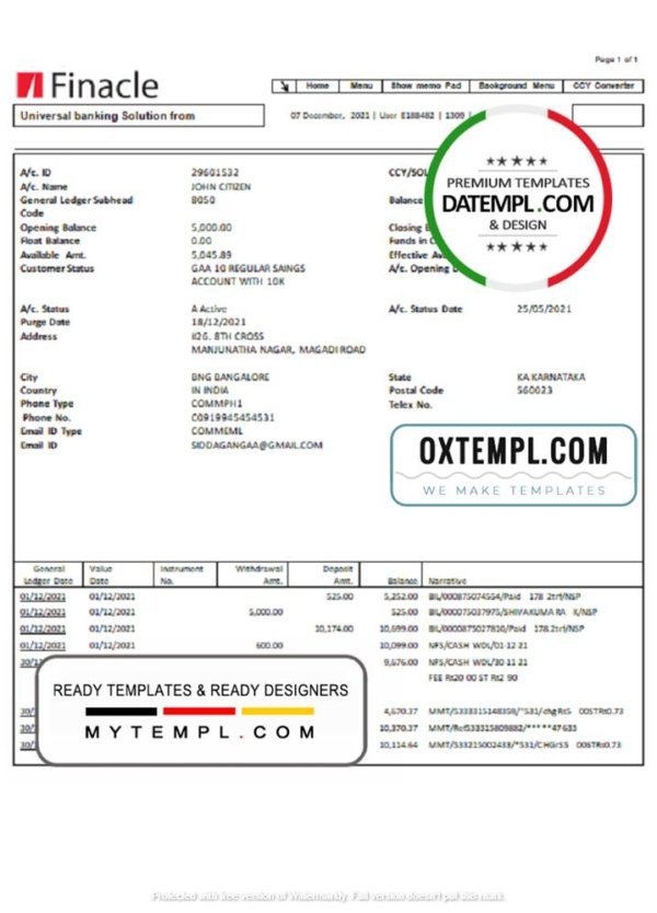 India Finacle bank statement easy to fill template in Word and PDF format