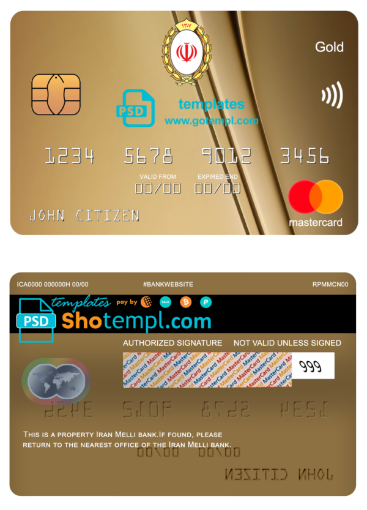 Iran Melli bank mastercard gold, fully editable template in PSD format