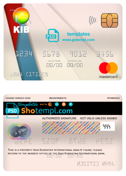 Iraq Kurdistan International bank mastercard, fully editable template in PSD format