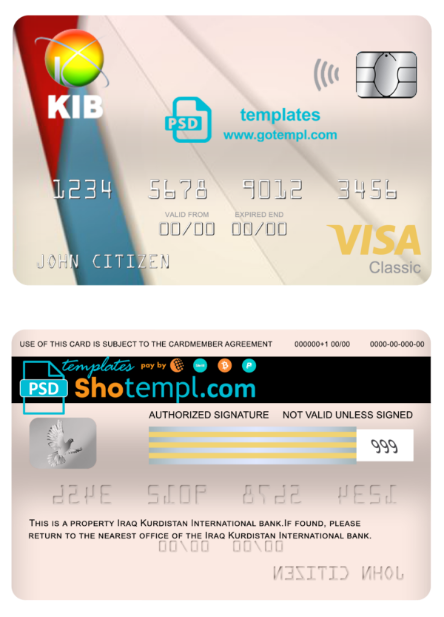 Iraq Kurdistan International bank visa classic card, fully editable template in PSD format