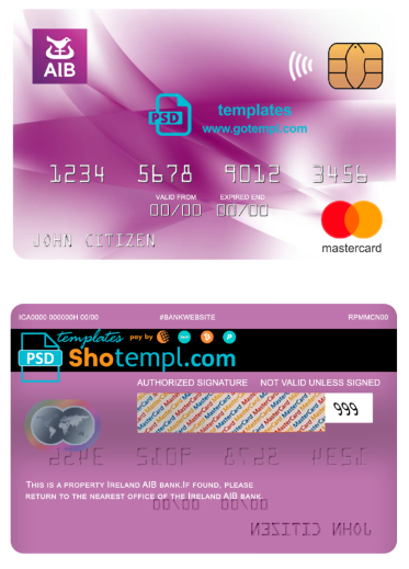 Ireland AIB bank mastercard, fully editable template in PSD format