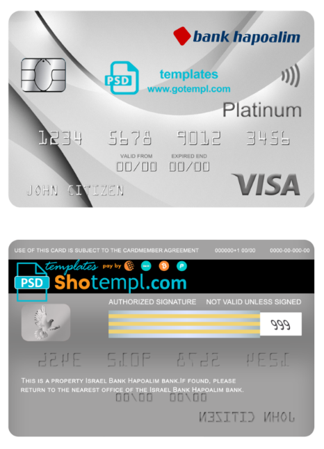 Israel Bank Hapoalim visa platinum card, fully editable template in PSD format