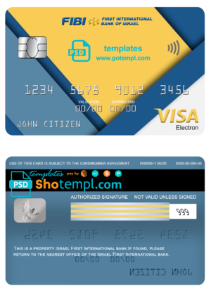 Israel First International bank visa electron card, fully editable template in PSD format