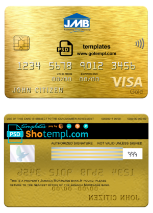 Jamaica Mortgage bank visa gold card, fully editable template in PSD format