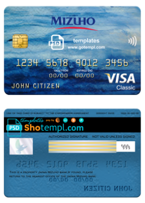 Japan Mizuho bank visa classic card, fully editable template in PSD format