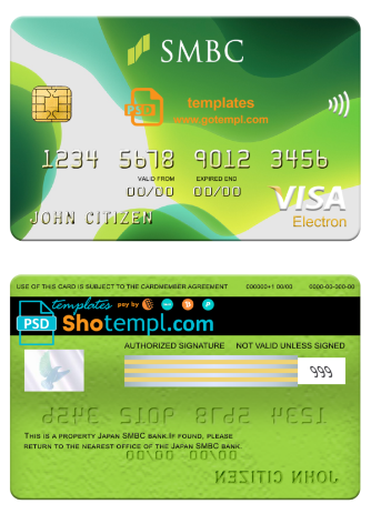 Japan Sumitomo Mitsui Banking Corporation (SMBC) bank visa electron card, fully editable template in PSD format