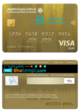 Kuwait Commercial bank visa gold card, fully editable template in PSD format
