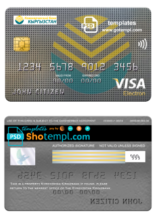 Kyrgyzstan Kirgizbank visa electron card, fully editable template in PSD format