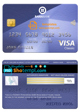 Kyrgyzstan OJSC Bakai bank visa classic card, fully editable template in PSD format