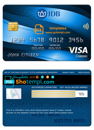 Laos Joint Development Bank (JDB) visa classic card, fully editable template in PSD format