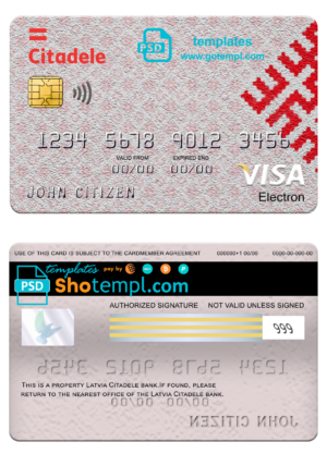 Latvia Citadele bank visa electron card, fully editable template in PSD format