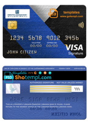 Lebanon Emirates Lebanon bank visa signature card, fully editable template in PSD format