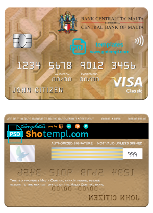 Malta Central bank visa classic card, fully editable template in PSD format