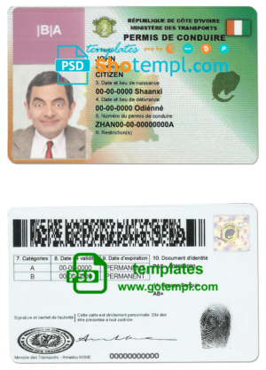 Cote D’Ivoire driving license template in PSD format, fully editable
