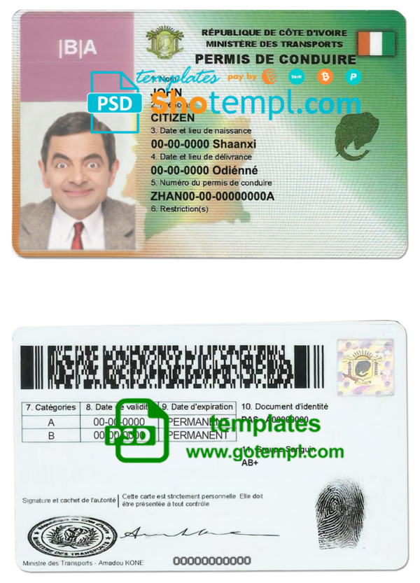 Cote D’Ivoire driving license template in PSD format, fully editable