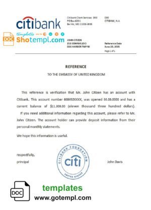 USA Citibank bank account reference letter template in Word and PDF format