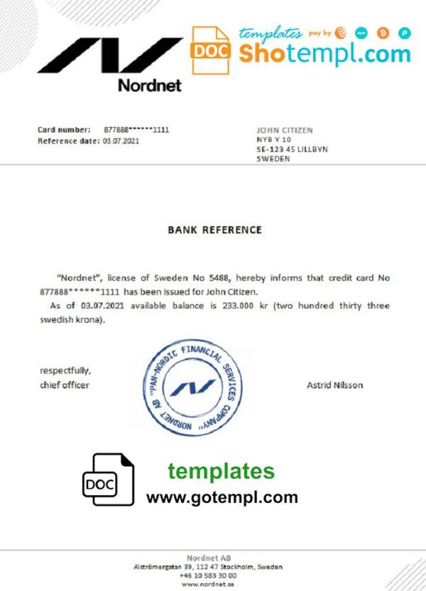 Sweden Nordnet bank reference letter template in Word and PDF format