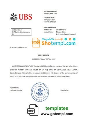 Switzerland UBS bank reference letter template in Word and PDF format