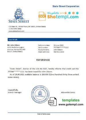 USA State Street bank account reference letter template in Word and PDF format