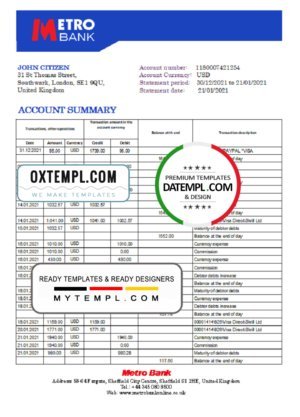 United Kingdom Metro bank statement template in Excel and PDF format