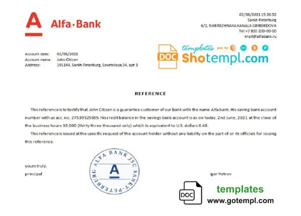Russia Alfa Bank bank reference letter template in Word and PDF format