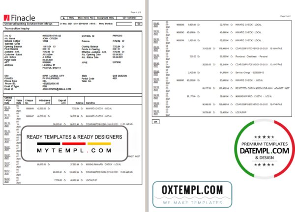 India Finacle bank statement in Excel and PDF format (2 pages)