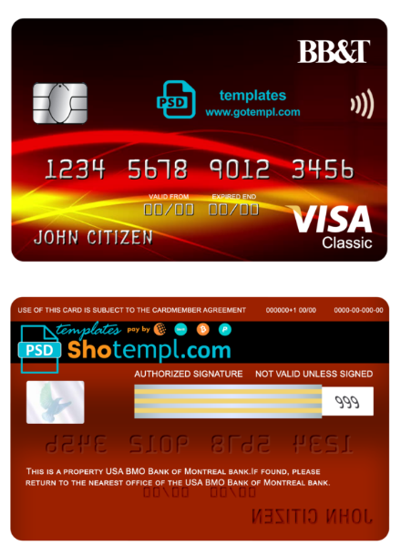 USA BB&T Corp. bank visa classic card fully editable template in PSD format