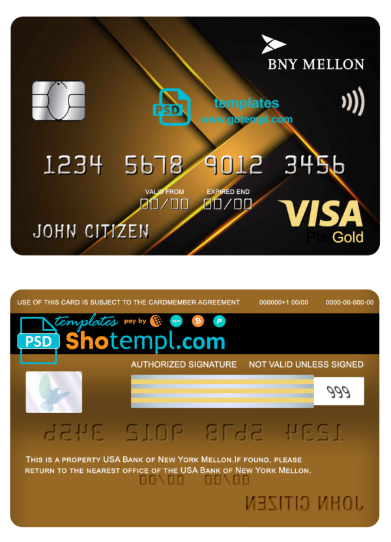 USA Bank of New York Mellon visa gold card fully editable template in PSD format