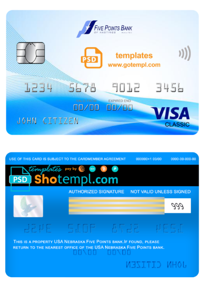 USA Nebraska Five Points Bank visa classic card fully editable template in PSD format