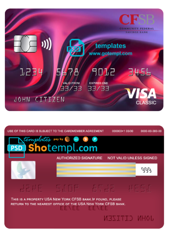 USA New York CFSB bank visa classic card fully editable template in PSD format