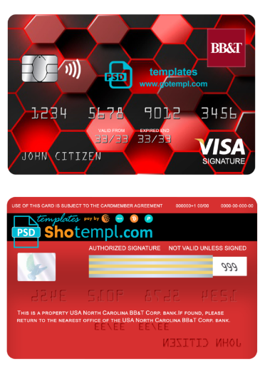 USA North Carolina BB&T Corp. bank visa signature card fully editable template in PSD format