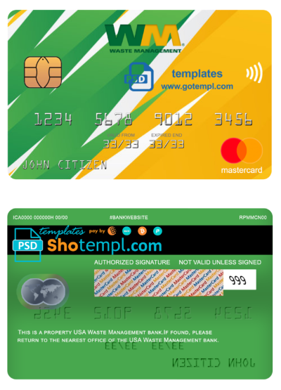 USA Waste Management bank mastercard, fully editable template in PSD format